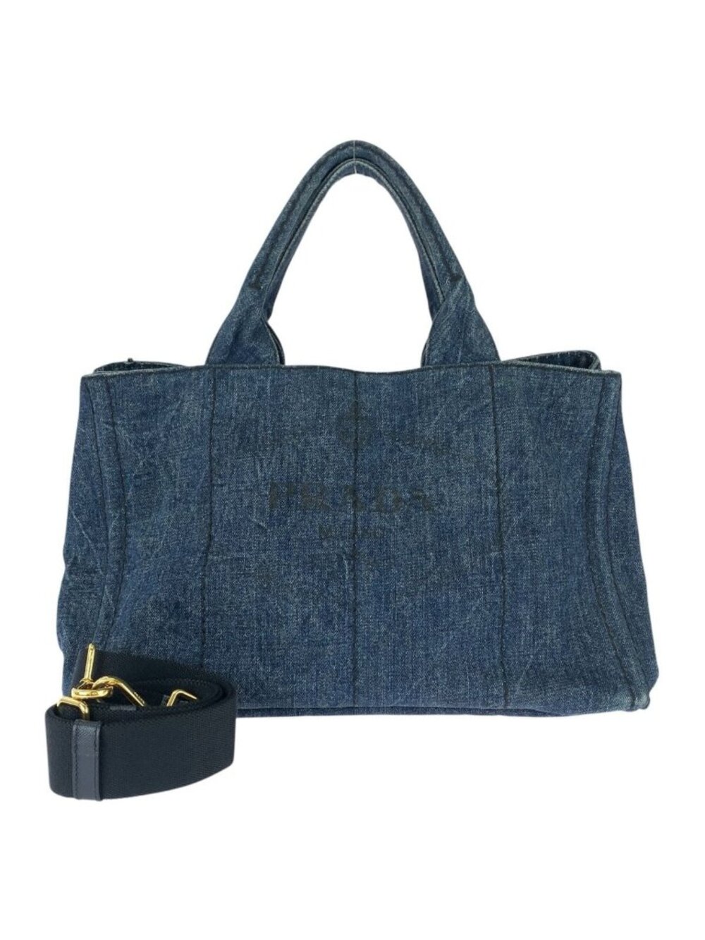 Prada Canapa 2-Way Blue Gold Denim Tote Shoulder Bag